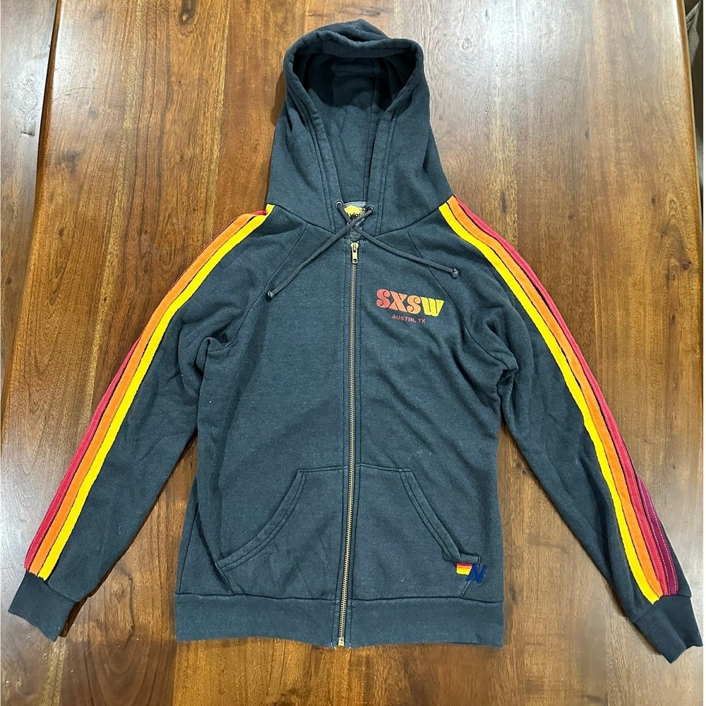 Aviator Nation SXSW Austin TX Zip Hoodie Rainbow Stripe Charcoal Grey Size S